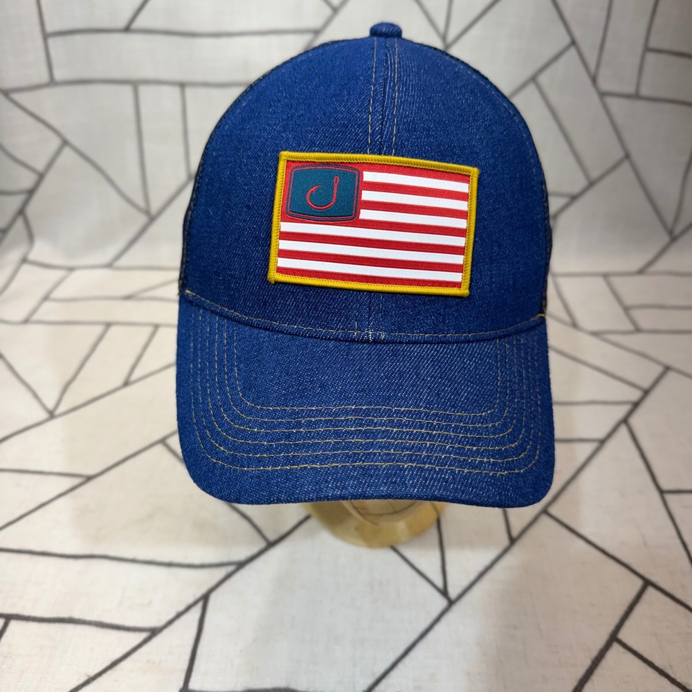AVID Trucker Hat‎ OS Blue Denim American Flag Fishing Hook Snapback Mesh Cap